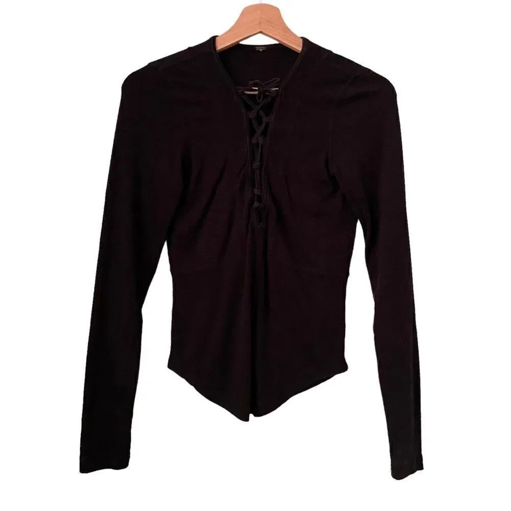 Free People Lucky Lace Up Black Long Sleeve Top in Size ***SEE MEASUREMENTS*** - Picture 2 of 7